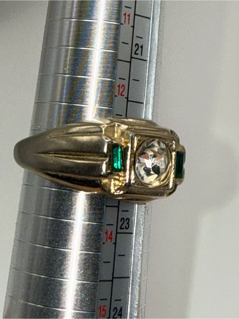 Gold-Tone Men's Signet Ring with Clear Center Stone and Green Accents